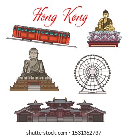 Hong Kong travel landmark vector icons design. The Big Buddha of Buddhist temple, Observation Wheel, Maitreya Hall at Chi Lin Nunnery, Peak Tram funicular railway and Buddha statue in Lotus flower