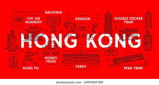 Hong Kong travel landmarks, sightseeing attractions and tourism, vector line icons. Hong Kong national landmarks of Asian temple pagoda, ferry and peak tram with culture dragon and bauhinia flower