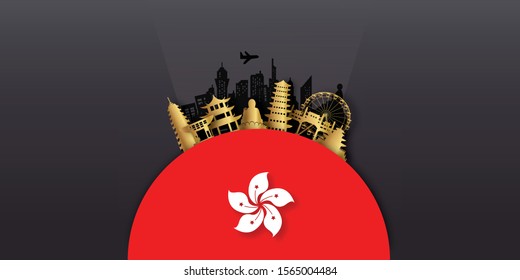 Hong Kong Travel postcard, poster, tour advertising of world famous landmarks in paper cut style. Vectors illustrations