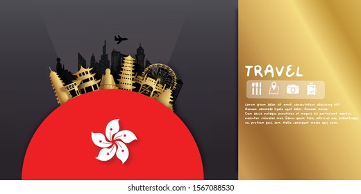 Hong Kong Travel postcard, poster, tour advertising of world famous landmarks in paper cut style. Vectors illustrations