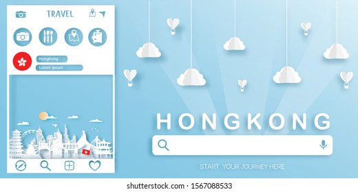 Hong Kong Travel postcard, poster, tour advertising of world famous landmarks in paper cut style. Vectors illustrations