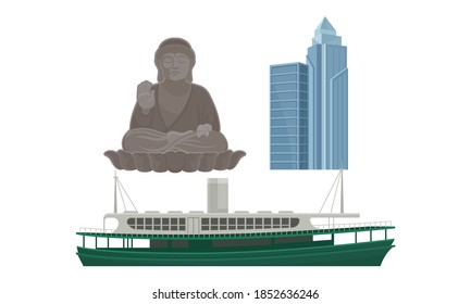 Hong Kong Travel Symbols with Big Buddha and Skyscraper Vector Set