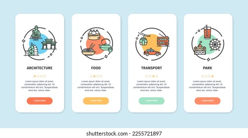 Hong Kong Travel and Tourism App Screens Cards Set Include of Park, Transport, Food and Architecture. Vector illustration of Card