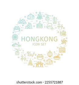 Hong Kong Travel and Tourism Round Design Template Thin Line Icon Concept for Promotion, Marketing and Advertising. Vector illustration