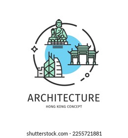 Hong Kong Travel and Tourism Thin Line Icon Architecture Concept Include of Skyscraper, Buddha Statue and Pagoda. Vector illustration