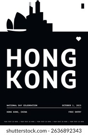 Hong Kong typography minimalist vector poster for national event, public holiday, independence day, festival layout. Brochure, leaflet, flyer, presentation image template for China city