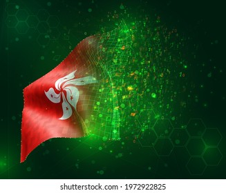 Hong Kong, vector 3d flag on green background with polygons and data numbers