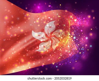 Hong Kong, vector 3d flag on pink purple background with lighting and flares