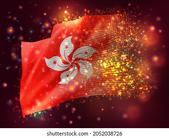 Hong Kong, vector 3d flag on pink purple background with lighting and flares