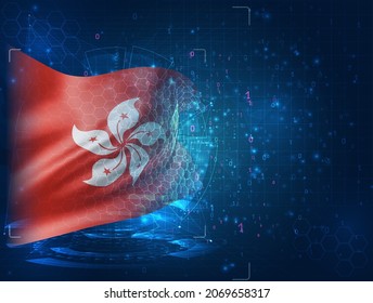 Hong Kong, vector 3d flag on blue background with hud interfaces