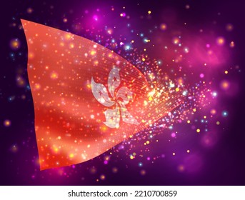 Hong Kong, vector 3d flag on pink purple background with lighting and flares
