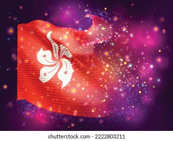 Hong Kong, vector 3d flag on pink purple background with lighting and flares