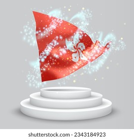 Hong Kong, vector 3d flag on the podium surrounded by a whirlwind of magical radiance