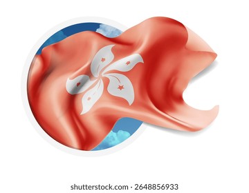 Hong Kong, vector 3d flag against a blue sky, through a round hole on a white background