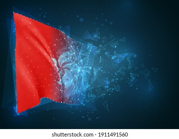 Hong Kong,  vector flag, virtual abstract 3D object from triangular polygons on a blue background