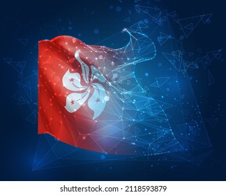 Hong Kong, bandera vectorial, objeto 3D virtual abstracto de polígonos triangulares sobre fondo azul