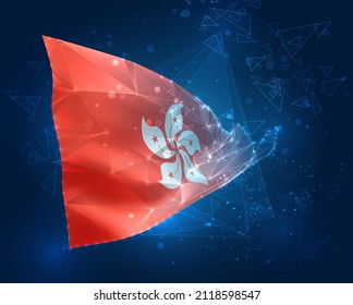 Hong Kong, bandera vectorial, objeto 3D virtual abstracto de polígonos triangulares sobre fondo azul