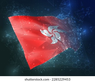 Hong Kong,  vector flag, virtual abstract 3D object from triangular polygons on a blue background