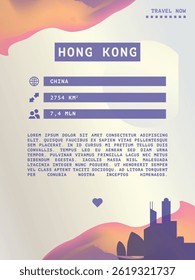 Hong Kong vector infographics, brochure layout. Guide, leaflet, flyer, advertising graphic template with text, information, city skyline shape. Page, festival, cover mock up image