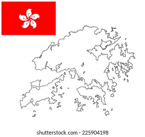 Hong Kong vector map contour and vector flag isolated on white background. High detailed illustration. 