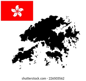 Hong Kong vector map and vector flag high detailed silhouette illustration isolated on white background.