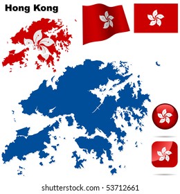 Hong Kong vector set. Detailed region shape, flags and icons isolated on white background.
