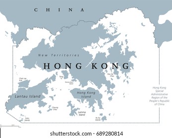 Hong Kong and vicinity political map. English labeling. Hong Kong Special Administrative Region of the Peoples Republic of China. Autonomous territory on Pearl River Delta. Gray illustration. Vector.