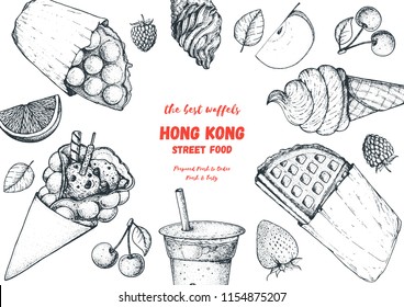 Hong kong waffle hand drawn illustration. Chinese food menu design template. Engraved style illustration. Hong kong street food sketch. Vintage hand drawn sketch, vector illustration.