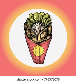 Hong Kong waffle with ice cream and kiwi. Hand drawn vector stock illustration