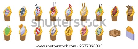  Hong kong waffle icons set. Delicious bubble waffles featuring various toppings such as whipped cream, fruits, chocolate, candies, and cookies, presented as isometric icons