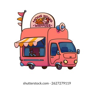 Hong Kong waffles food truck car, festival street foodtruck van. Cartoon vector retro mobile kitchen with canopy, open service window, dessert snack for outdoor vending at fair, market and food event