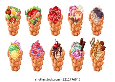 Hong Kong waffles set vector illustration. Cartoon isolated food snacks, wafer or egg bubble waffle crispy cones collection with different fillings, ice cream, berry and fruit, fastfood cafe menu