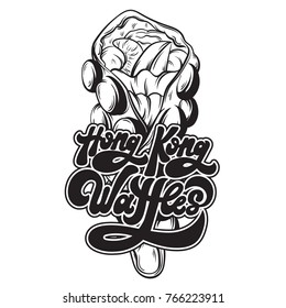 Hong Kong Waffles . Vector handwritten lettering made in 90's style. Hand drawn illustration of waffle Template for card, poster, banner ,print for t-shirt.