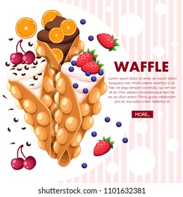 Hong Kong waffles. Waffle with strawberry, cherry and orange and whipped cream. Vector illustration with place for text. Website page and mobile app design.
