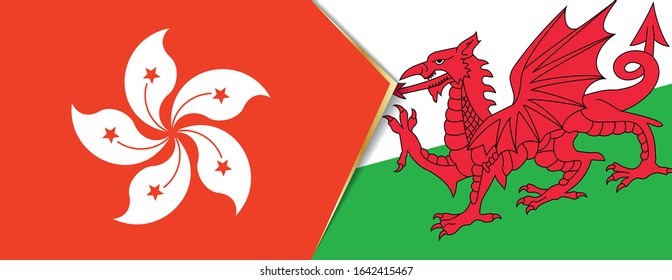 Hong Kong and Wales flags, two vector flags symbol of relationship or confrontation.