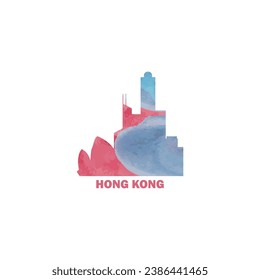 Hong Kong watercolor cityscape skyline city panorama vector flat modern logo, icon. China megapolis emblem concept with landmarks and building silhouettes. Isolated graphic