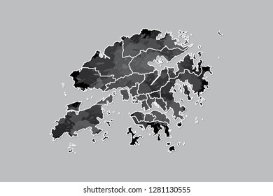 Hong Kong watercolor map vector illustration of black color with border lines of different districts or divisions on dark background using paint brush in page