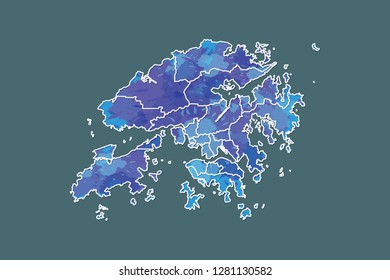 Hong Kong watercolor map vector illustration of blue color with border lines of different districts or divisions on dark background using paint brush in page