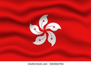 Hong Kong wave on flag realistic effect. Fabric textile waving on wind effect vector illustration