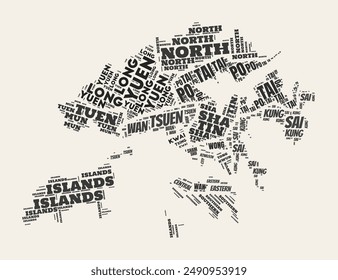 Hong Kong Word Cloud. Country with regions division. Hong Kong typographic text clouds vector image design. Vintage gazette style country shape image. Elegant vector illustration.