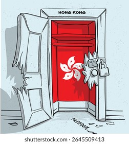 O caminho de Hong Kong para a liberdade. Ilustração política de uma porta quebrada, mas trancada, com a bandeira nacional. Uma metáfora para luta e esperança.