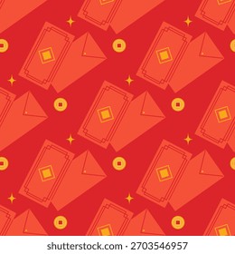 Hongbao red envelope with coins vector pattern. Asian festive envelope with ornament. Traditional money gift for Lunar New Year, wedding and other occasions. Flat illustration.