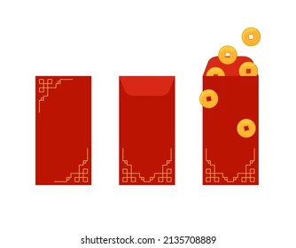 Hongbao red envelopes set. Vector collection of Chinese angpao gifts isolated. Traditional envelope with coins, money for Chinese New Year, birthday, wedding and other holidays. Flat illustration.