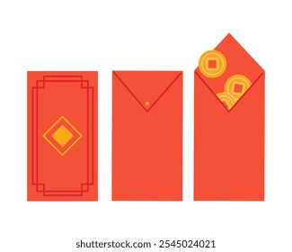 Envelopes vermelhos de Hongbao. Ilustração vetorial de presentes chineses angpao isolados. Envelope tradicional, moedas, dinheiro para Ano Novo chinês, aniversário, casamento e outros feriados