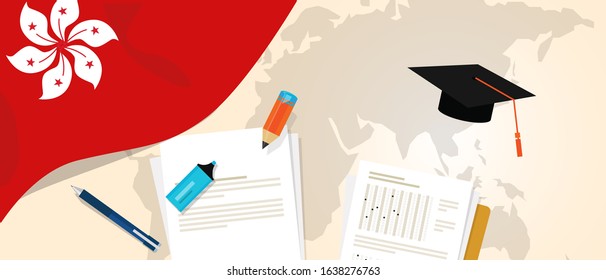 Hongkong education. University college study abroad. Symbol of school knowledge with assessment test paper, pencil and hat