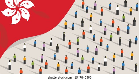 Hongkong flag and crowd of people protest. Activism revolution democracy rally. Political action. Vector illustration.  
