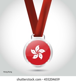 Hongkong Flag in Silver Medal. Vector Illustration. RIO Olympic Game silver Medal. Vector Illustration