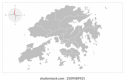 Mapa de Hongkong con estilo gris y elemento compás.