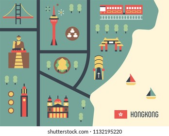 Hongkong tourist map and landmark icons flat design style vector graphic illustration set