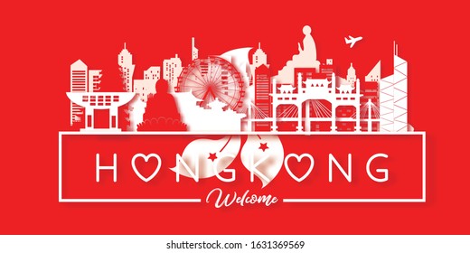 Hongkong Travel postcard, poster, tour advertising of world famous landmarks in paper cut style. Vectors illustrations